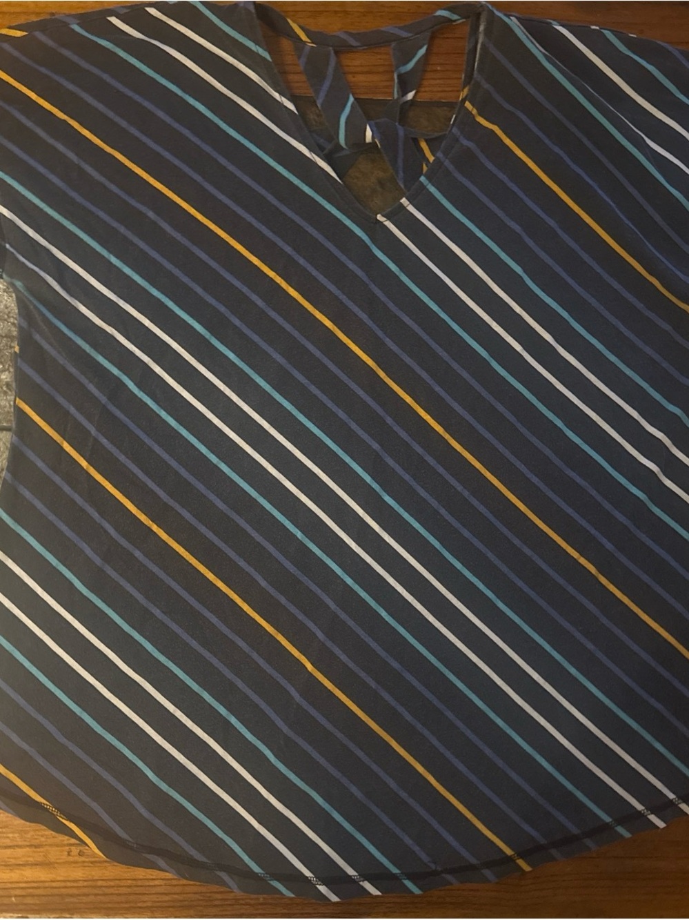 Livi Active Navy Short Sleeve V-Neck Top with White, Teal & Gold Stripes